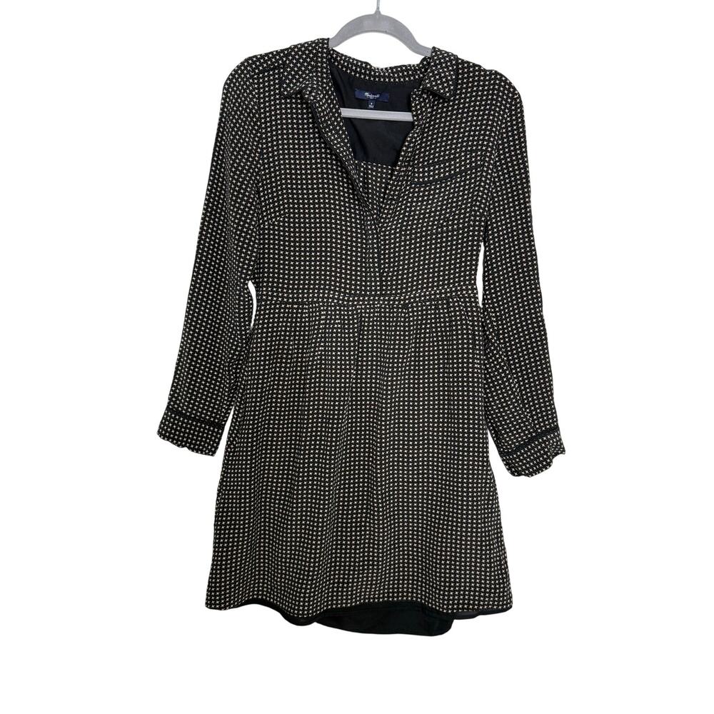 Madewell ShirtDress Womens 8 Long Sleeve 100% Silk Geometric Pattern Black Cream